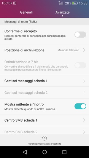 Seleziona Centro SMS scheda 1 o Centro SMS scheda 2