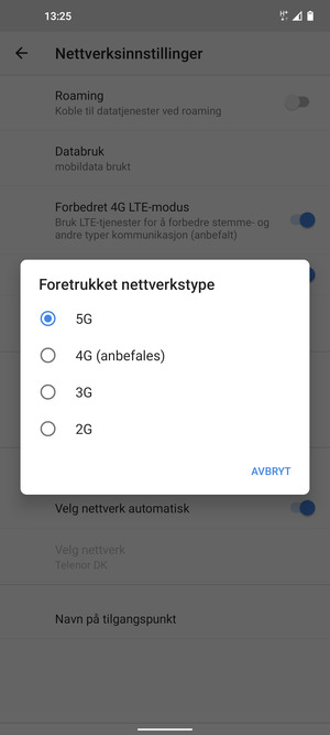 Velg ønsket alternativ