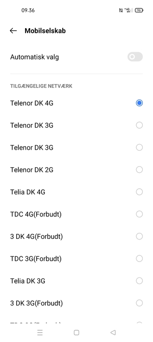 Vælg en netværksudbyder fra listen
