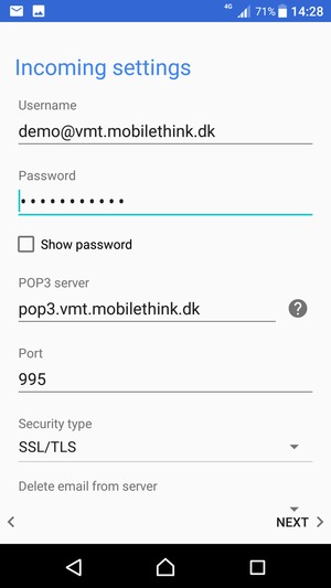 Enter Username and Incoming server address