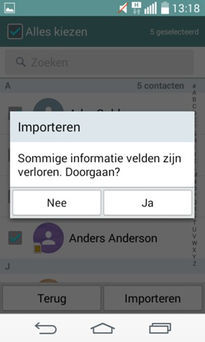 Selecteer Ja