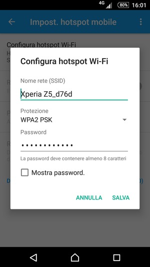 Inserisci una password dell'hotspot Wi-Fi di almeno 8 caratteri e seleziona SALVA