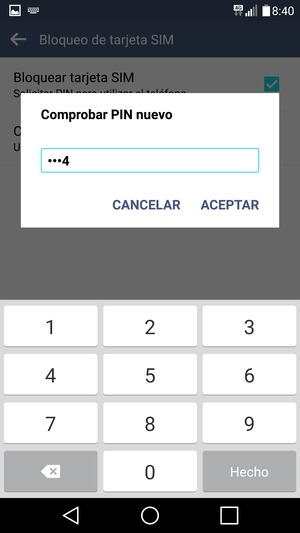 Confirme su nuevo PIN de tarjeta SIM y seleccione ACEPTAR