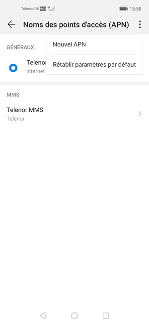 Sélectionnez le bouton du Menu puis Nouvel APN
