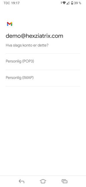 Velg Personlig (POP3) eller Personlig (IMAP)