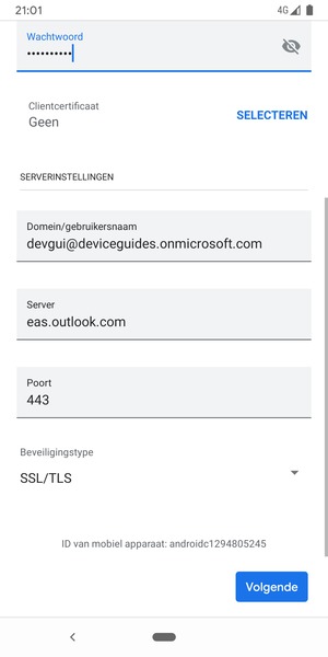 Voer Gebruikersnaam en Exchange serveradres in. Selecteer Volgende