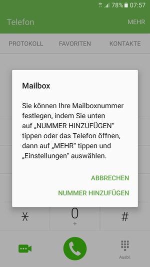 Falls Ihre Voicemail nicht eingerichtet ist, wählen Sie NUMMER HINZUFÜGEN