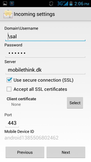 Enter Username and Exchange server address. Select Next