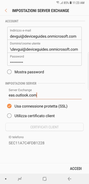 Inserisci Nome utente e l'indirizzo del server Exchange. Seleziona ACCEDI
