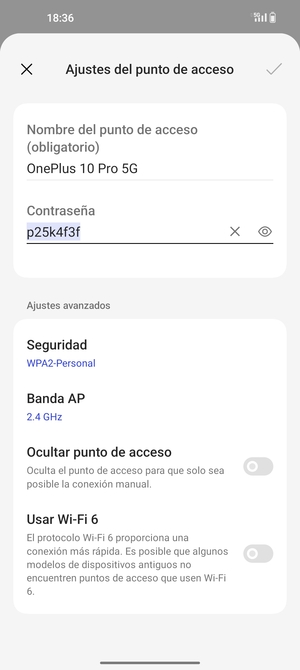 Introduzca una contraseña de punto de acceso Wi-Fi de al menos 8 caracteres y seleccione Aceptar