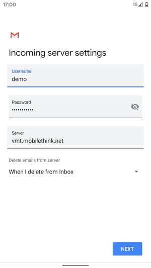 Enter Username and Incoming server address. Select NEXT