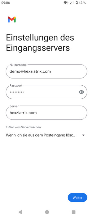 Geben Sie Benutzername und die Server-Adresse für eingehende Post ein. Wählen Sie Weiter