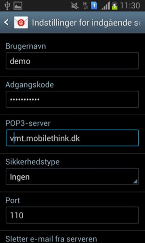 Indtast brugernavn og Indgående serveradresse