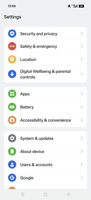 Scroll to and select Security and privacy