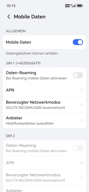 Scrollen Sie zu SIM 1 oder SIM 2 und wählen Sie APN