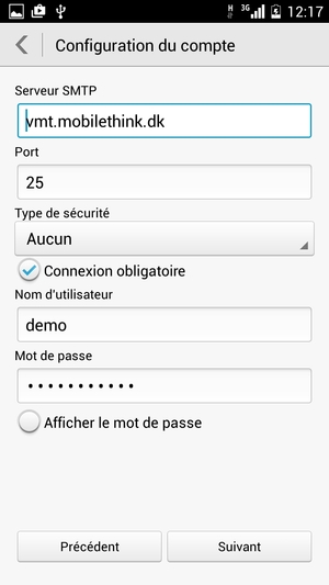 Saisissez l'adresse du serveur sortant