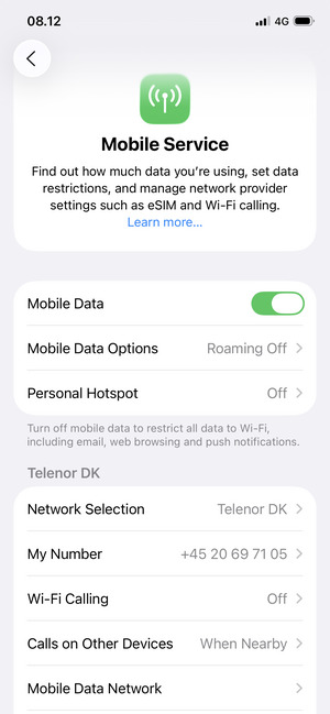 Scroll to and select Mobile Data Network