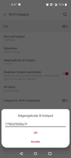Indtast en Wi-Fi-hotspot adgangskode på minimum 8 tegn og vælg OK