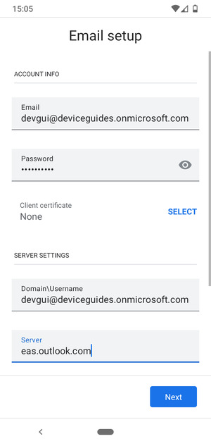 Enter Username and Exchange server address. Select Next