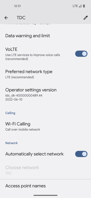 Scroll to and select Access point names