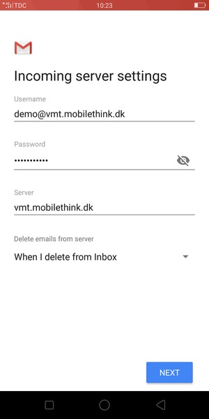 Enter Username and Incoming server address. Select NEXT