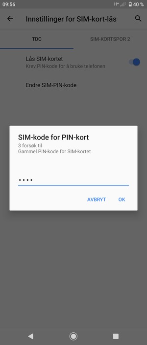 Skriv inn Gammel PIN-kode for SIM-kort og velg OK