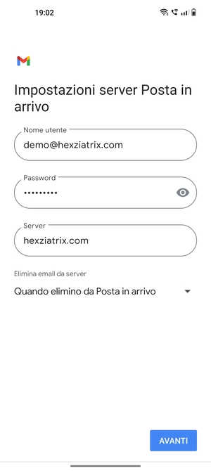 Inserisci Nome utente e l'indirizzo del server di posta in arrivo. Seleziona AVANTI