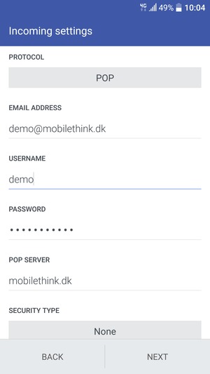 Enter Username and Incoming server address. Select NEXT