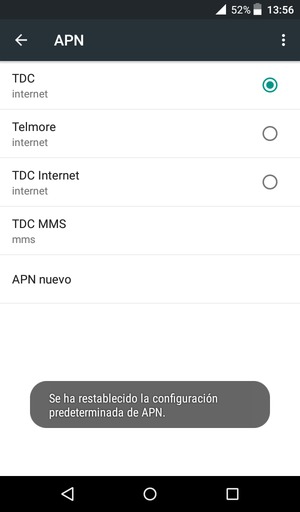 La tablet se reiniciará con la configuración predeterminada de Internet y MMS
