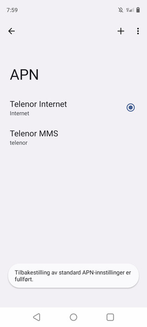 Telefonen din vil tilbakestilles til standard internett-og MMS-innstillinger