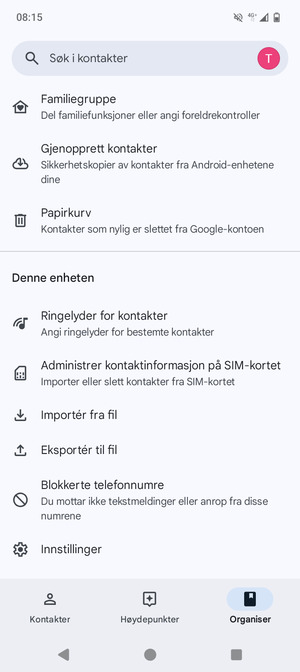Bla til og velg Administrer kontaktinformasjon på SIM-kortet