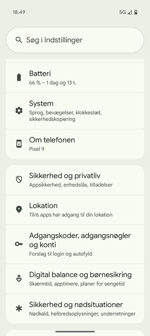 Scroll til og vælg Sikkerhed og privatliv
