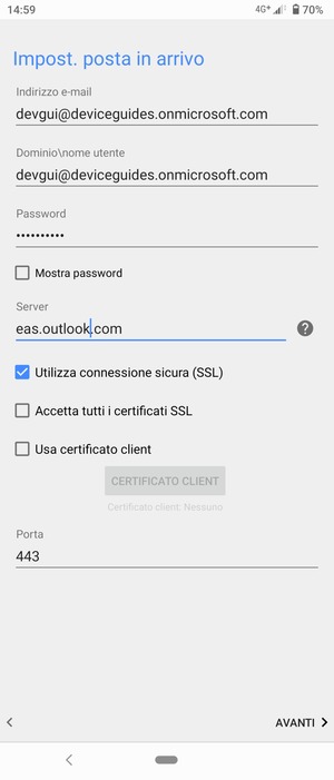 Inserisci Nome utente e l'indirizzo del server Exchange. Seleziona AVANTI