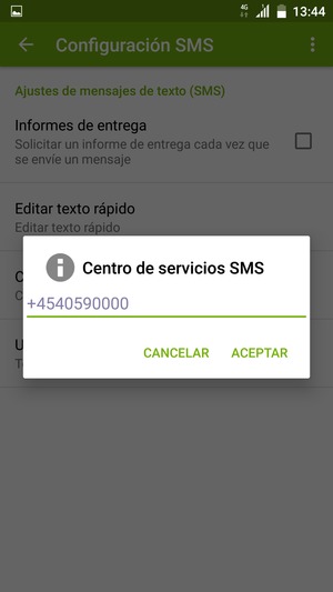 Introduzca el número de Centro de servicios SMS y seleccione ACEPTAR