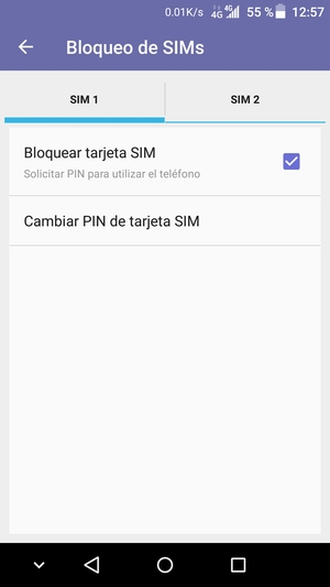 Seleccione SIM 1 o SIM 2 y seleccione Cambiar PIN de tarjeta SIM