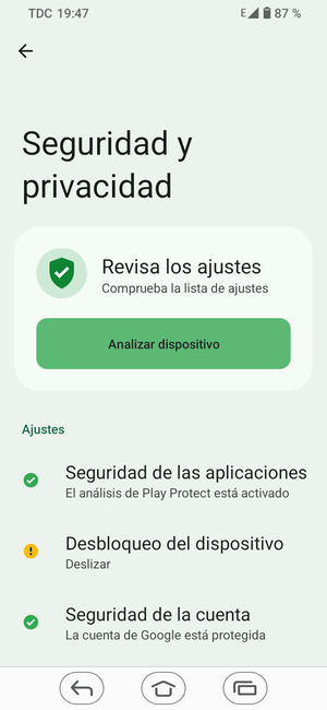 Para activar su bloqueo de pantalla, vaya al menú Seguridad y privacidad y seleccione Desbloqueo del dispositivo