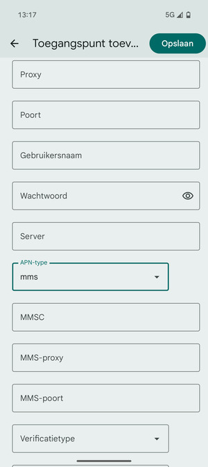 Scroll naar beneden en voer mms-gegevens in