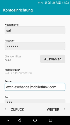 Geben Sie Nutzername und Exchange Server-Adresse ein. Wählen Sie WEITER