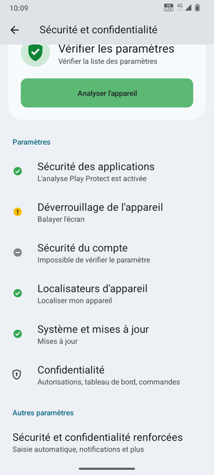 Pour modifier le code PIN de la carte SIM, allez dans le menu Sécurité et confidentialité et faites défiler et sélectionnez Sécurité et confidentialité renforcées