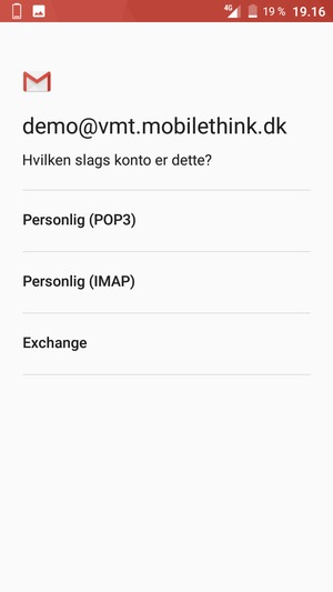 Vælg Personlig (POP3) eller Personlig (IMAP)