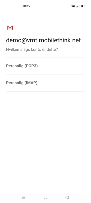 Vælg Personlig (POP3) eller Personlig (IMAP)