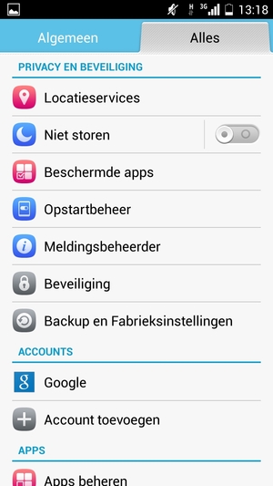 Scroll naar en selecteer Backup en Fabrieksinstellingen