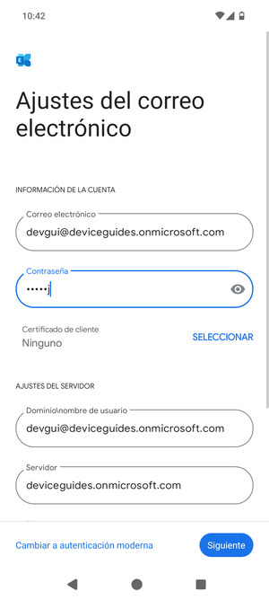Introduzca Nombre de usuario y la dirección de servidor Exchange. Seleccione Siguiente