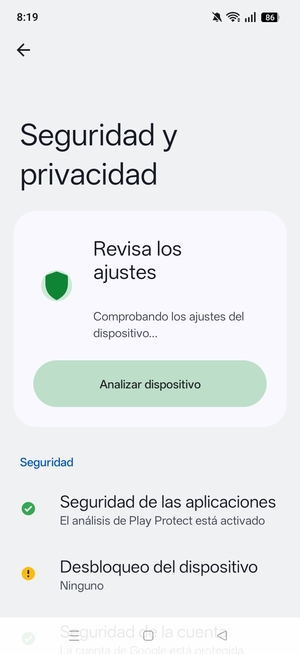 Para activar su bloqueo de pantalla, vaya al menú Seguridad y privacidad y seleccione Desbloqueo del dispositivo
