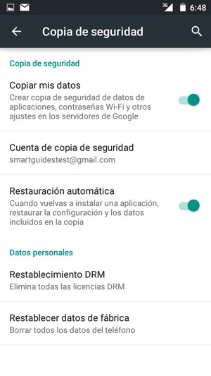 Active Copiar mis datos y seleccione Cuenta de copia de seguridad