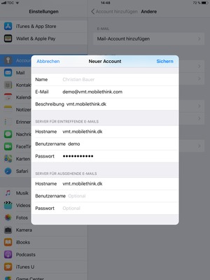 Geben Sie E-Mail-Informationen für  SERVER FÜR AUSGEHENDE E-MAILS ein und wählen Sie Sichern