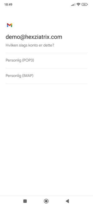 Vælg Personlig (POP3) eller Personlig (IMAP)