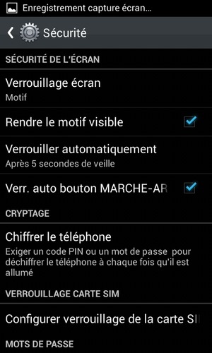 Pour modifier le code PIN de la carte SIM, retournez dans le menu Sécurité et sélectionnez Configurer verrouillage de la carte SIM