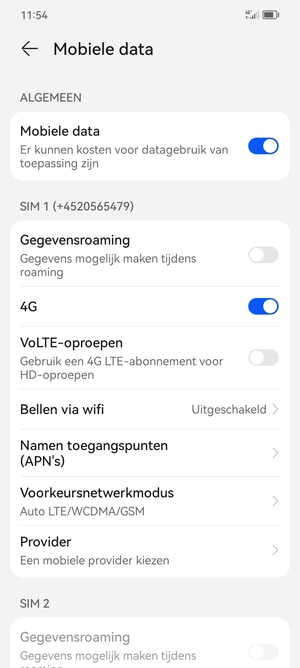 Scroll naar SIM 1 of SIM 2 en selecteer Namen toegangspunten (APNs)