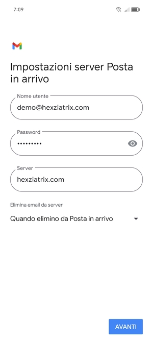 Inserisci Nome utente e l'indirizzo del server di posta in arrivo. Seleziona AVANTI